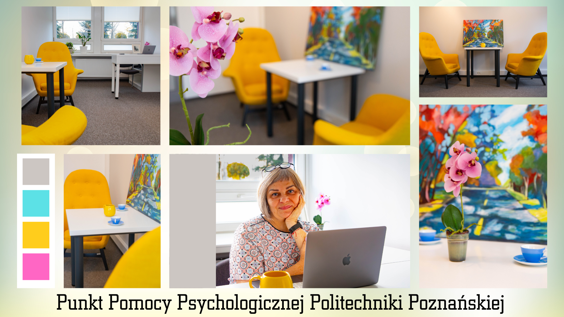 Kolaż zdjęć przedstawiających pokój pomocy psychologicznej