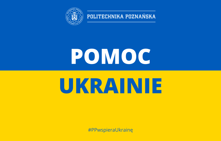Grafika w kolorach flagi ukraińskiej (niebieski i żółty) z napisem pomoc ukrainie, na dole grafiki #PPwspieraUkrainę